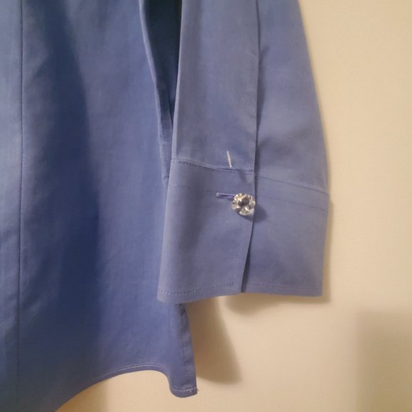 FOXCROFT Blue Women's Button Down Shirt Blouse V Neck Collared 3/4 Sleeves sz 12 - Picture 4 of 8